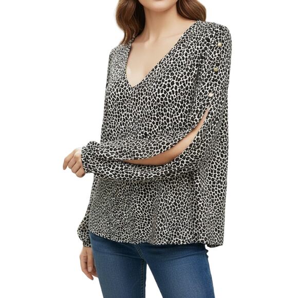 NWT MICHAEL KORS Arm Slit Animal Print Top Blouse Women L V-Neck Ruby Black - Picture 2 of 14